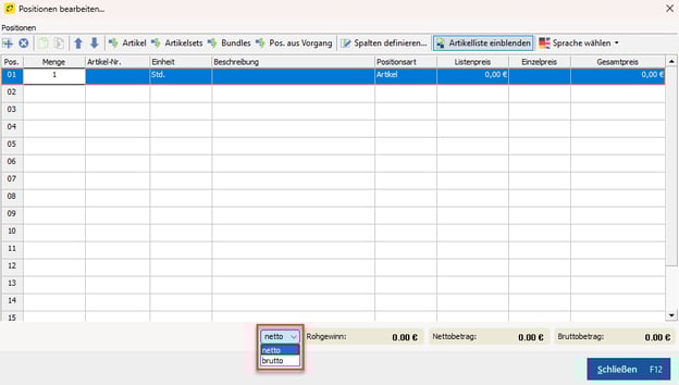 Auswahl netto/brutto
