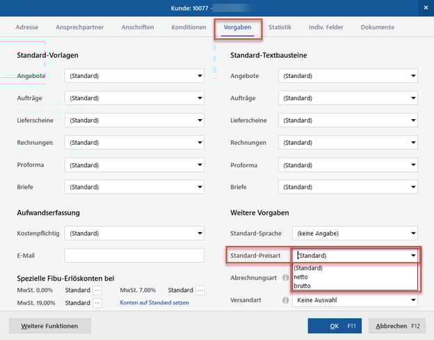 Festlegen der Preisart im Kunden