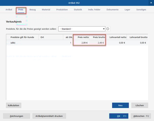 Eingabe von Brutto- oder Nettopreis direkt im Artikel
