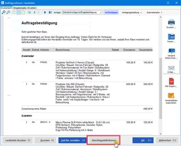 Abschlagsdefinitionen über Auftrag öffnen