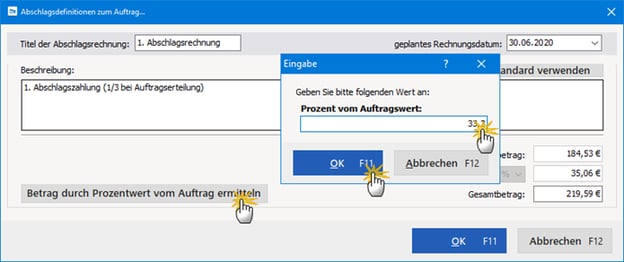 Betrag durch Prozentwert vom Auftrag ermitteln