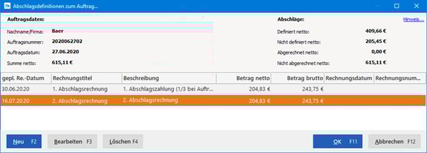 Abschlagsdefinitionen zum Auftrag