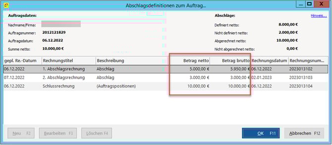 Abschlagsdefinition mit unterschiedlichen MwSt.-Einstellungen