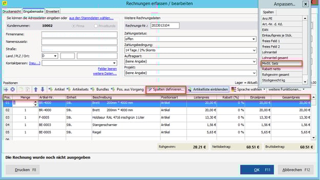 Spalte MwSt. Satz einblenden