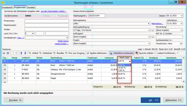 MwSt.-Satz für Position ändern