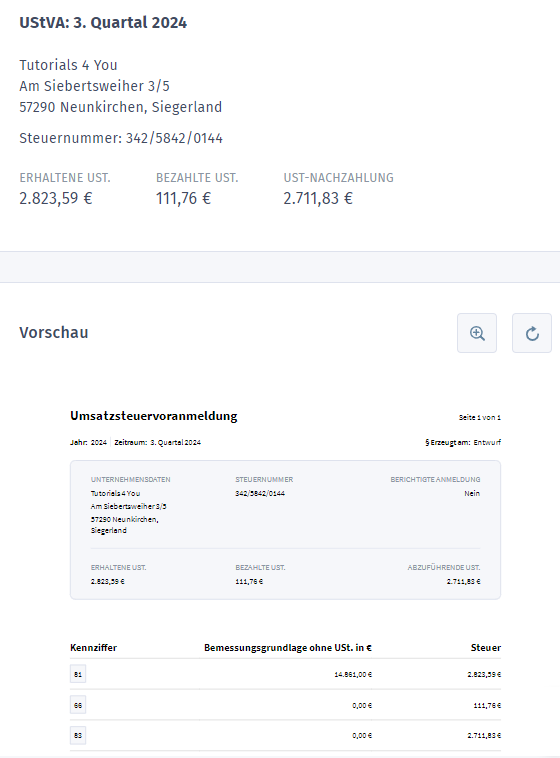 Vorschau Umsatzsteuer-Voranmeldung
