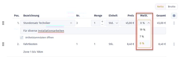 MwSt.-Satz für Position ändern