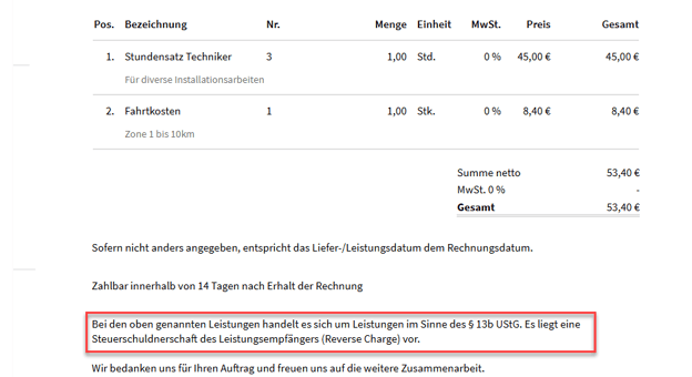 Hinweis in der Rechnung