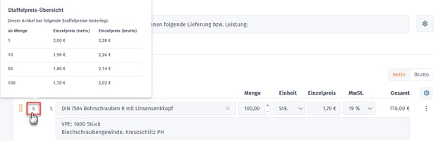 Staffelpreis-Übersicht in der Rechnung