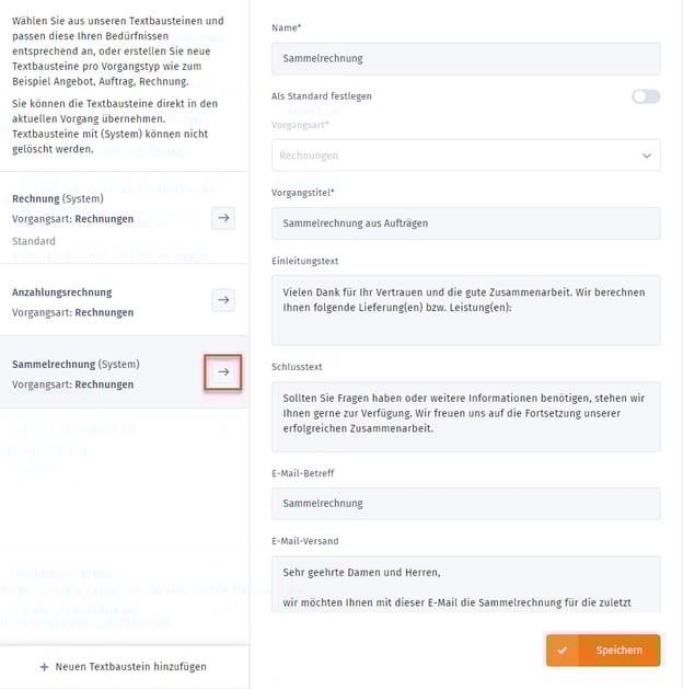Textbausteine Sammelrechnung