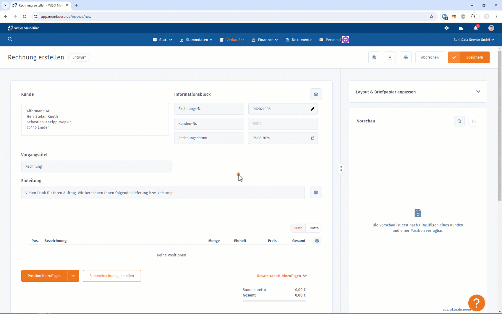 Auftragspositionen auswählen