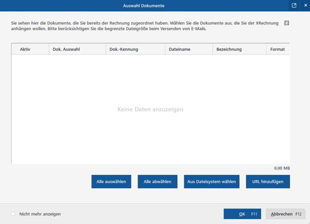 Das Fenster "Auswahl Dokumente"