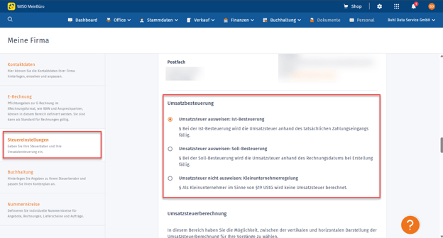 Einstellungen > Meine Firma > Steuereinstellungen