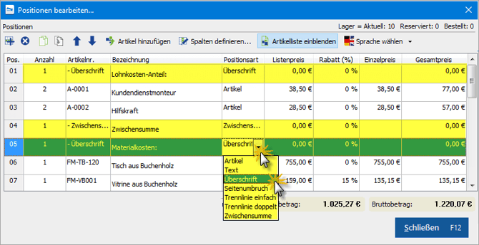 Rechnung-Positionsarten