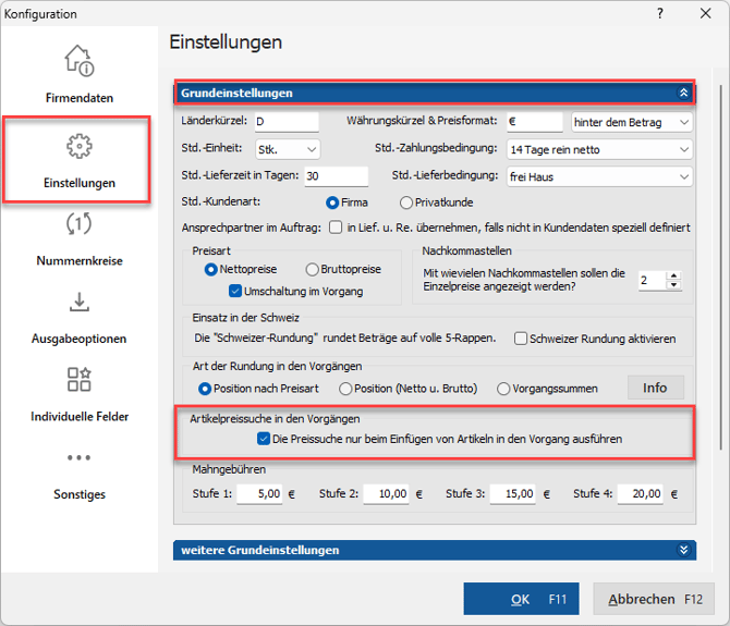 Artikelpreissuche in den Vorgängen