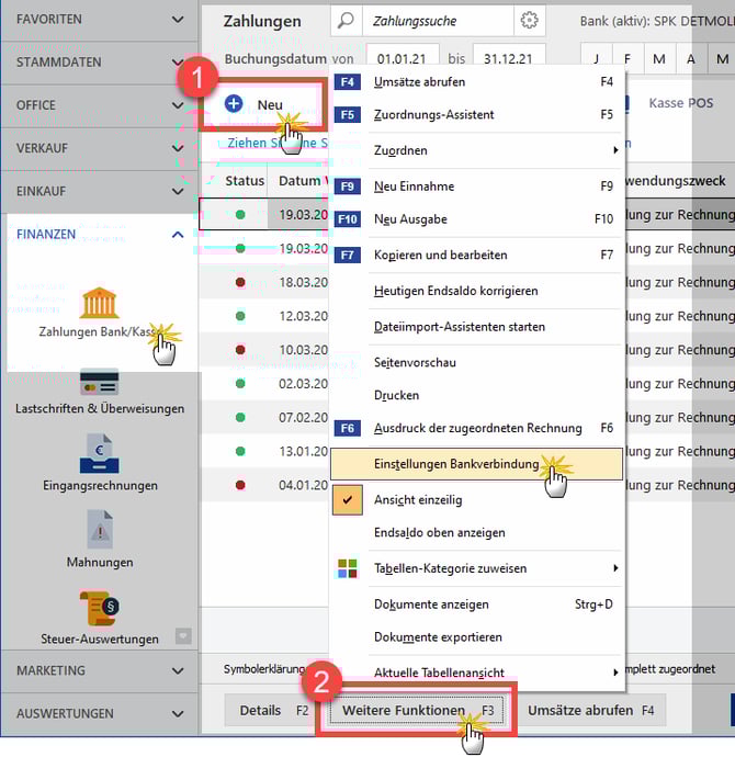 Kontextmenü Einstellungen Bankverbindung