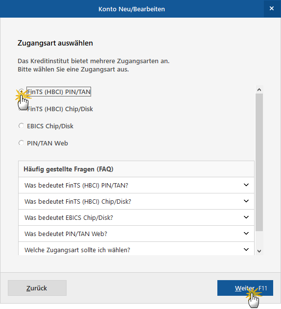 Zugangsart auswählen