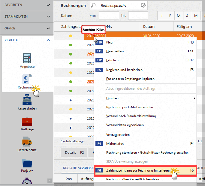 Kontextmenü: Zahlungseingang zur Rechnung hinterlegen