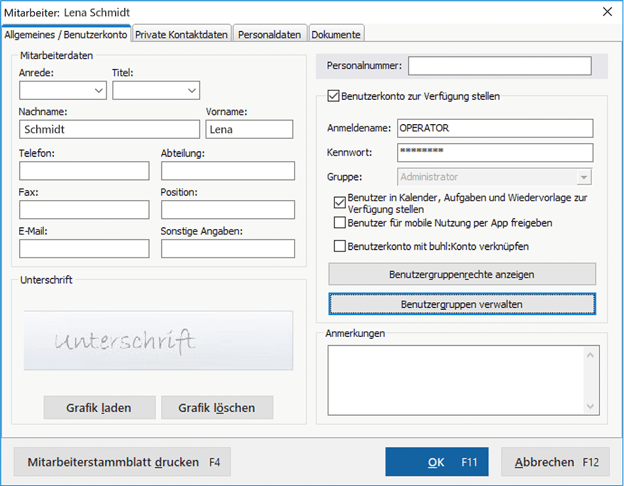 Dialogfenster "Mitarbeiter"