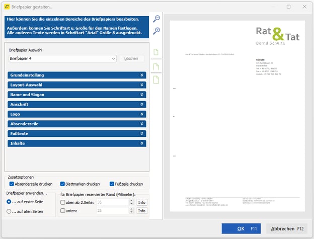 Stammdaten > Briefpapiergestaltung